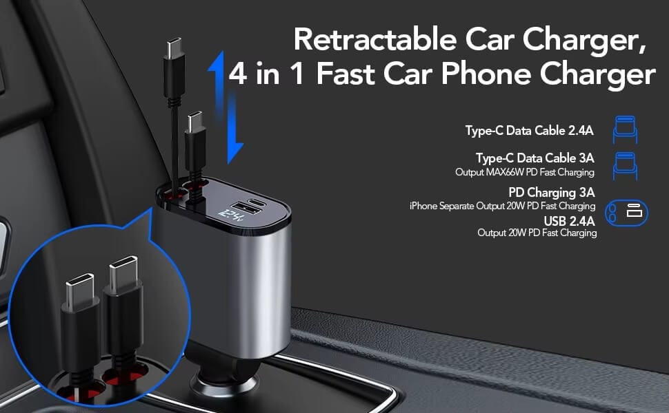 120w 4 in 1 retractable car charger 2.4A