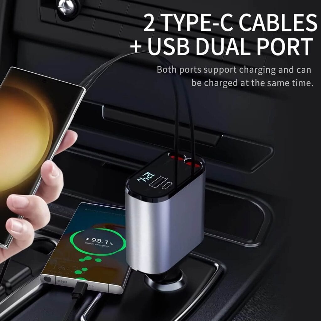 120w 4 in 1 retractable car charger usb dual port