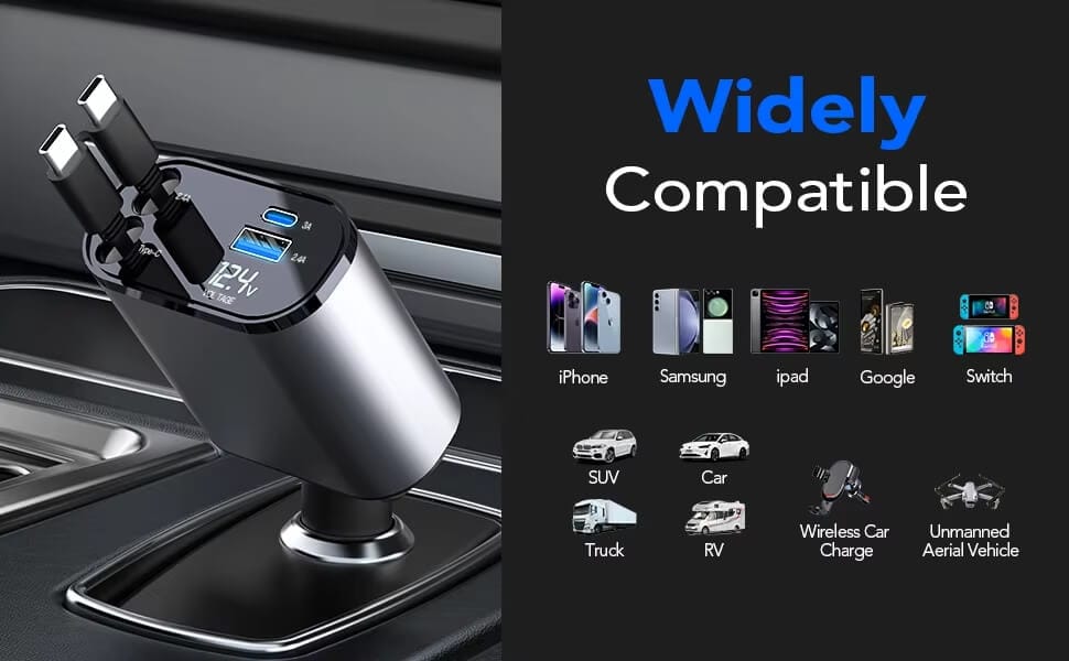 120w 4 in 1 retractable car charger widely compatible