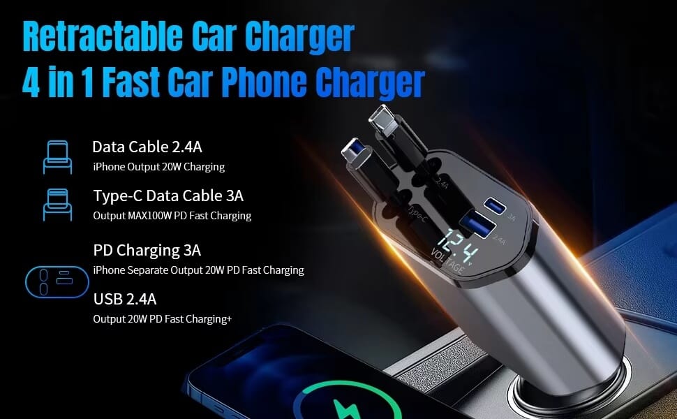 Retractable Car Charger 4 in 1 Fast Car Phone Charger