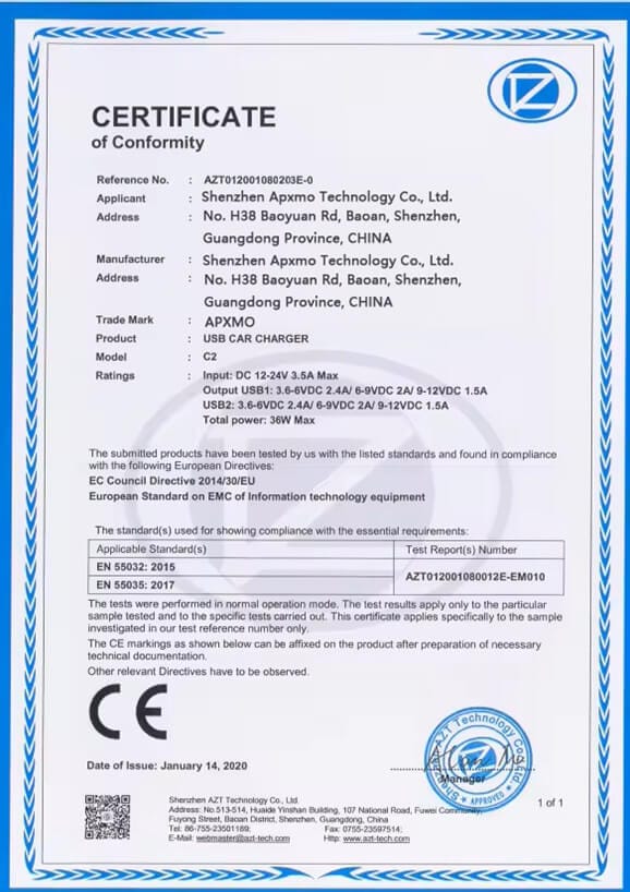 CERTIFICATE OF CE